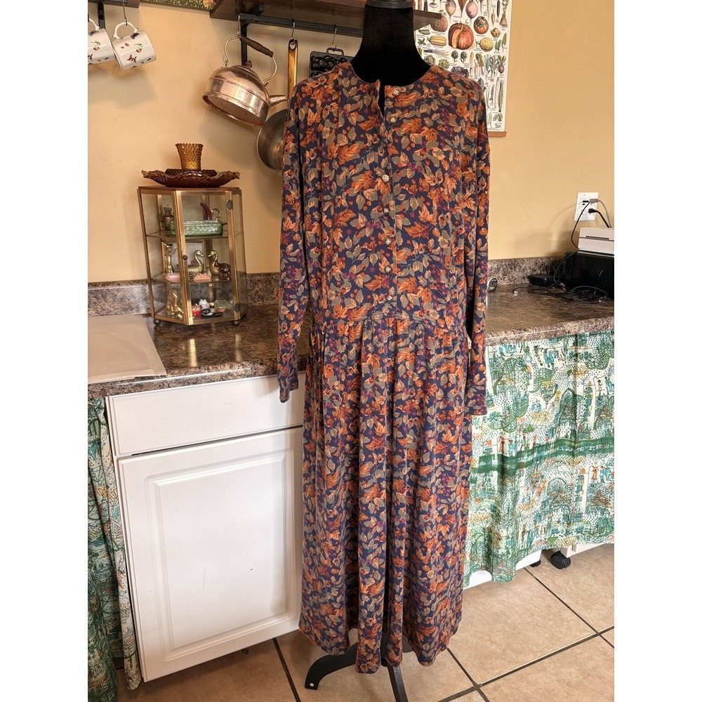 VTG Eddie Bauer Dress Large Cotton Knit Fall Leaves Cabin Teachercore Maxi 90s